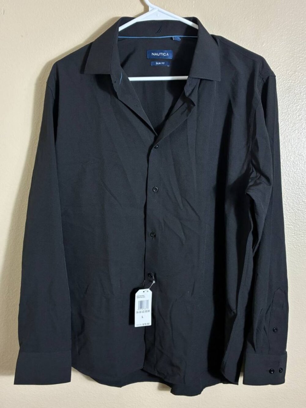 Nautica Men's Slim Fit Wrinkle-Resistant Dress Shirt, Black - NWT Size L XL